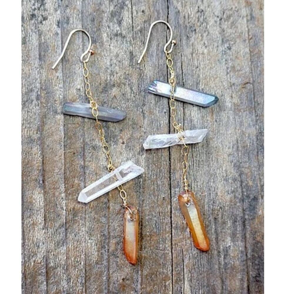 Gold Raw Quartz Crystals Dangle Chain Fashion Earrings ~ NEW